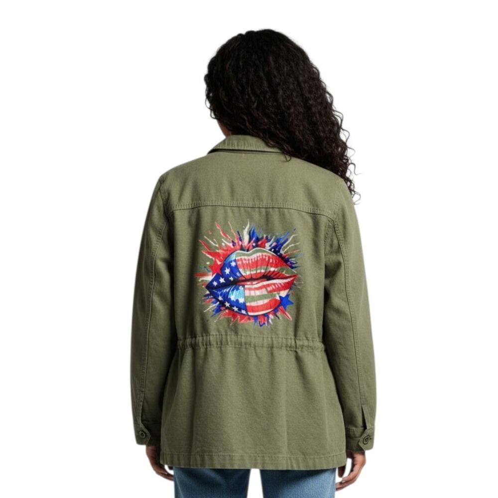 Patriotic Red, White & Blue Custom.Lip on Repurposed Army Green Safari Jacket XL